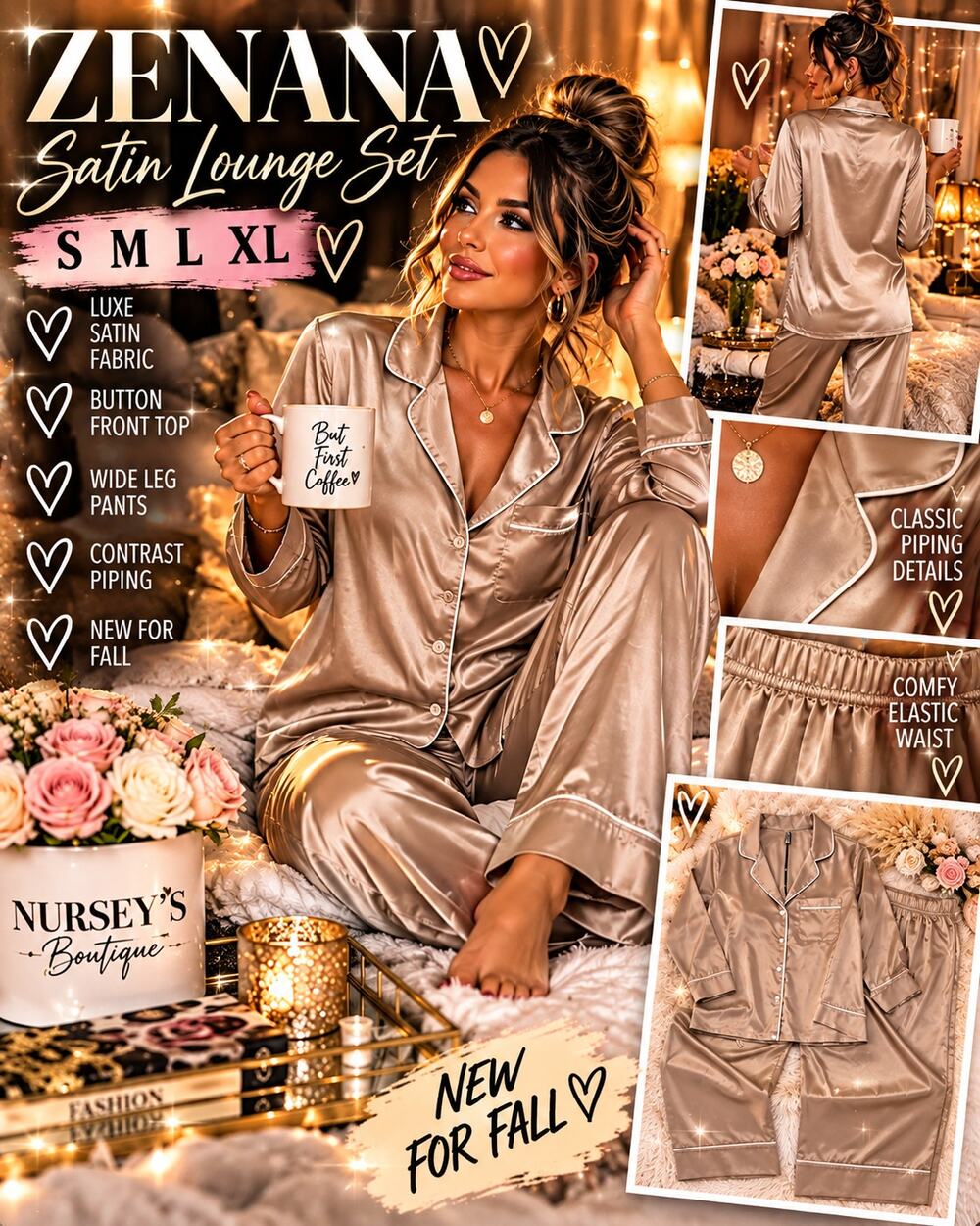 Zenana Satin Pajama Set S Champagne Long Sleeve Wide Leg Pants Piping Lounge